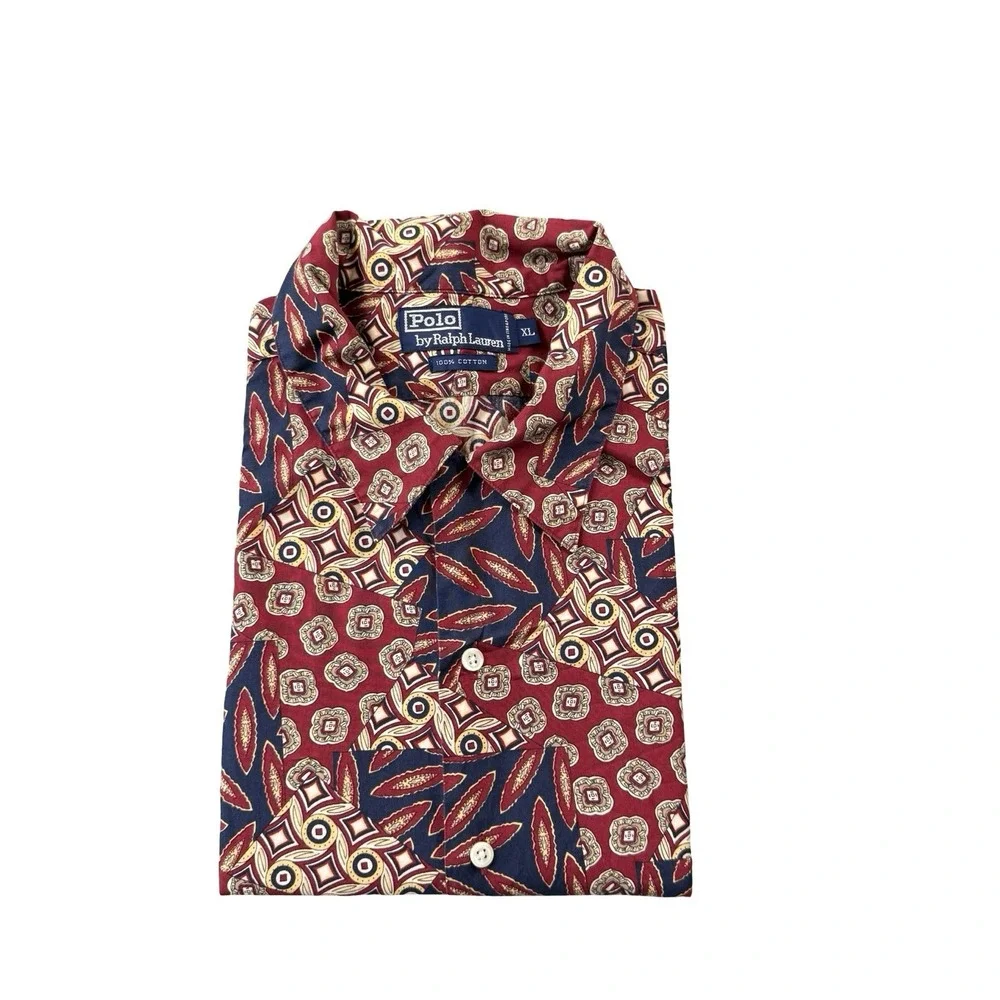 Polo Ralph Lauren Blue Red Geometric 90s Mens Loop Collar Button Front XL